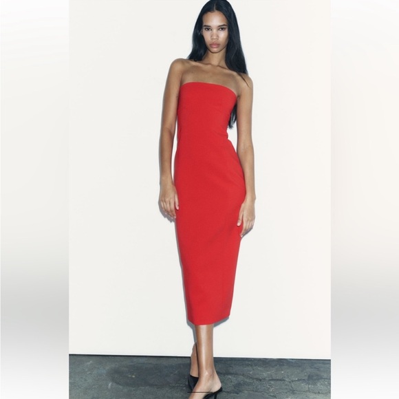 Zara Dresses & Skirts - Zara Red Fitted Strapless Bodycon Midi Dress straight neckline Stretchy NWT